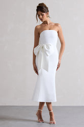 White Bandeau Midi Dress With Oversized Bow